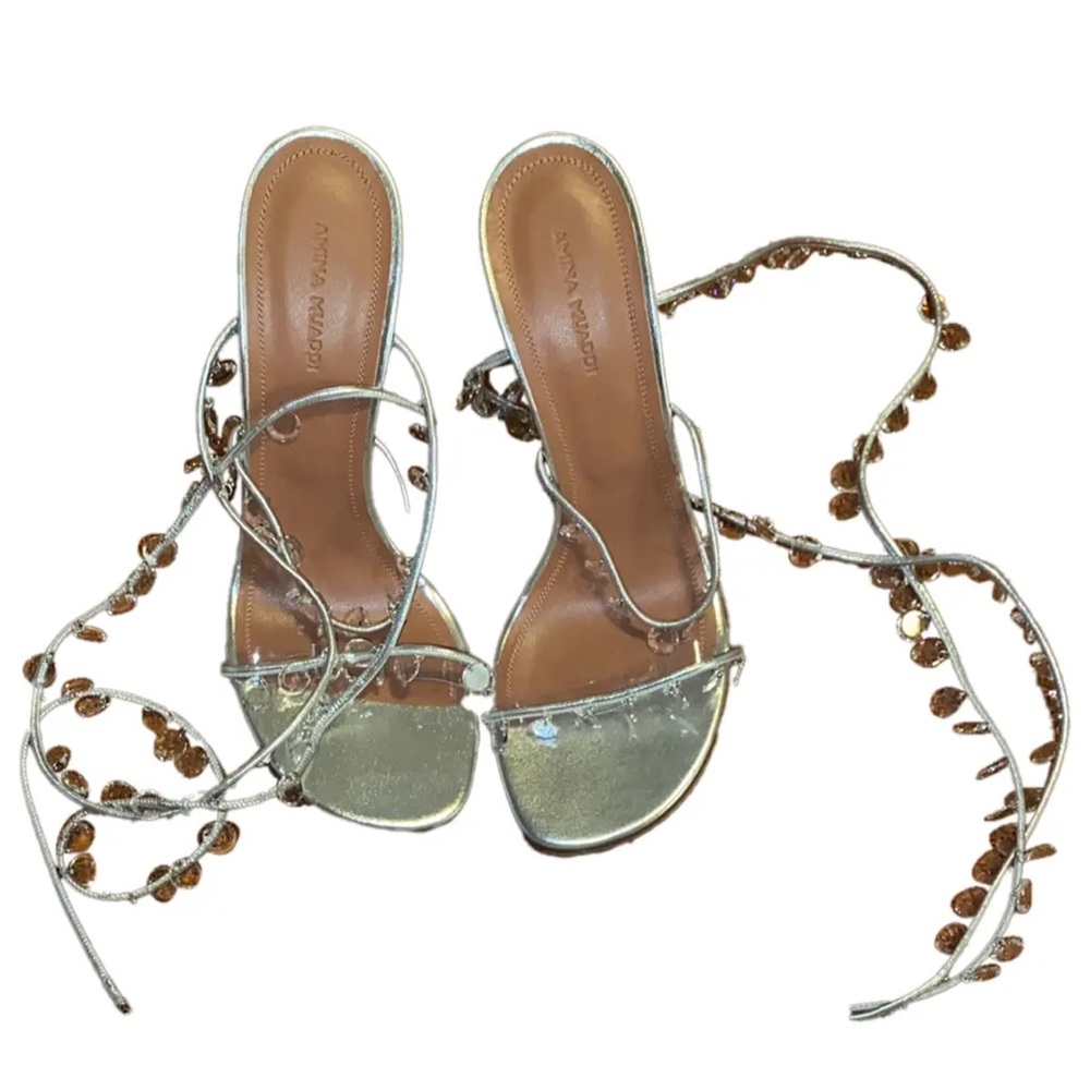Amina Muaddi Silver Heels with Strappy Design and Open-Toe